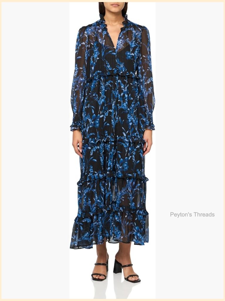 Smocked Neck And Cuffs Tiered Skirt Maxi Dress Long Sleeves
